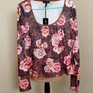 DOLLSKILL DELIAS XXL HAZY MEMORIES LONG SLEEVE ROSE PRINT CROPPED TOP